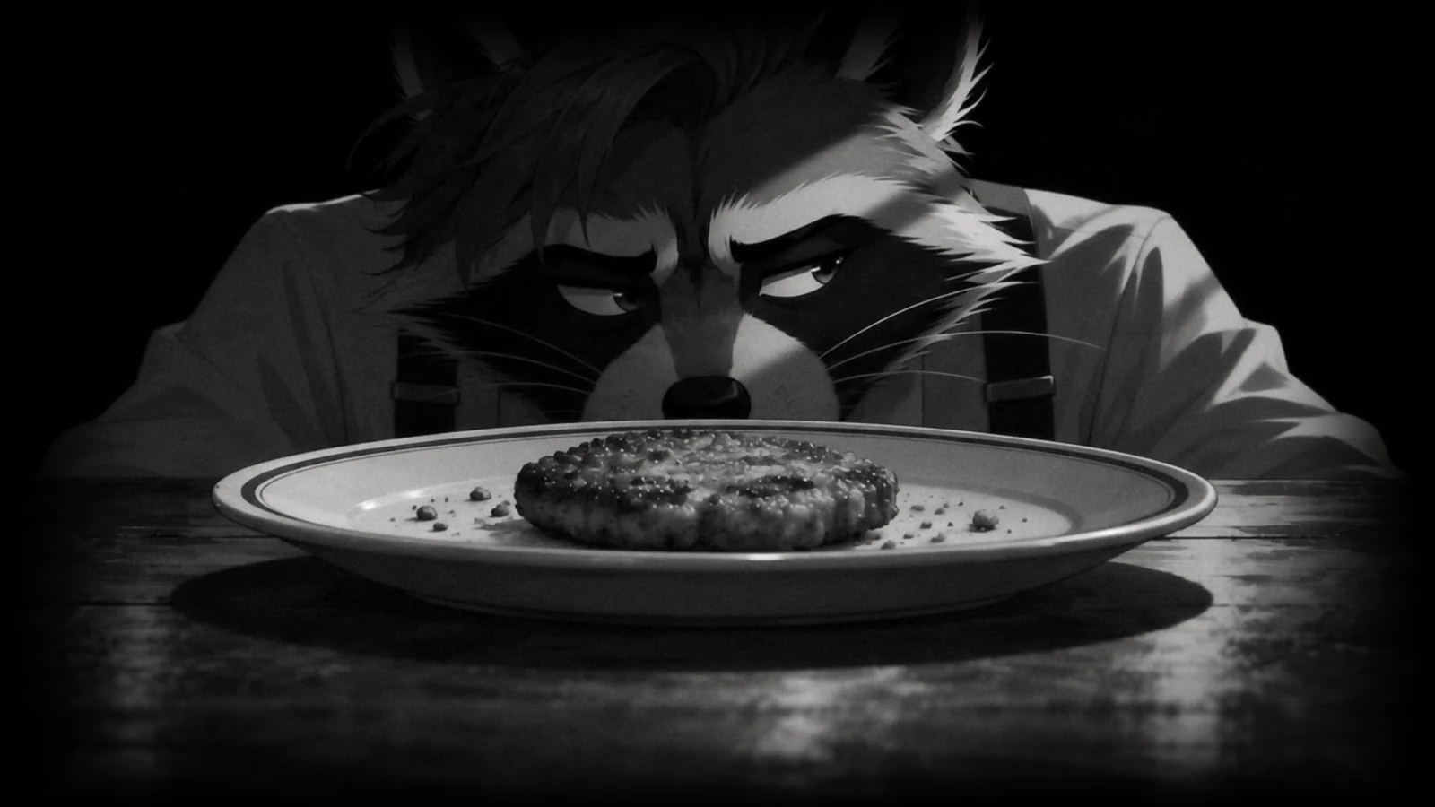 A raccoon studying a small meal on a plate in a black-and-white scene