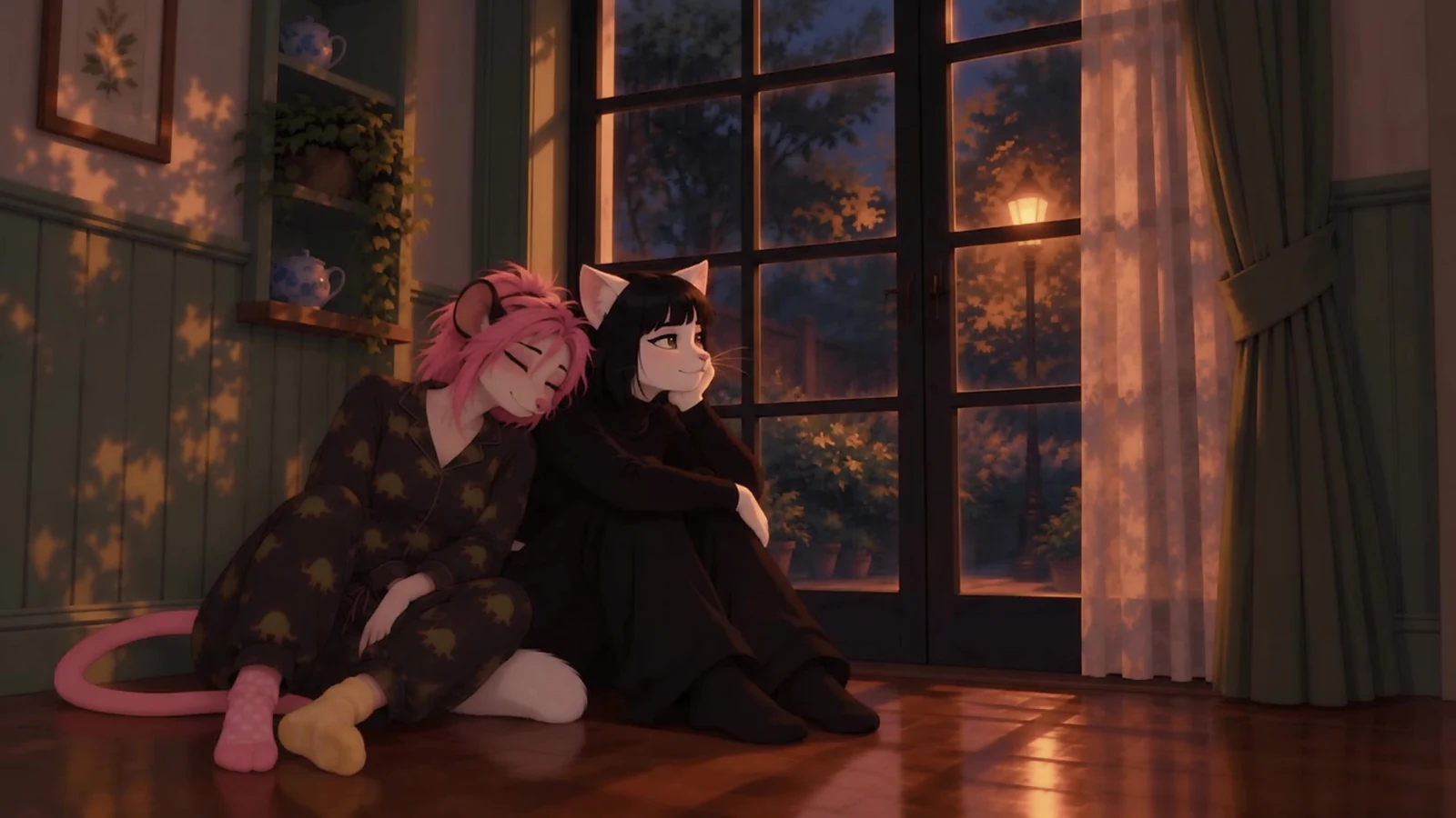 Two friends resting together beside a window at dusk