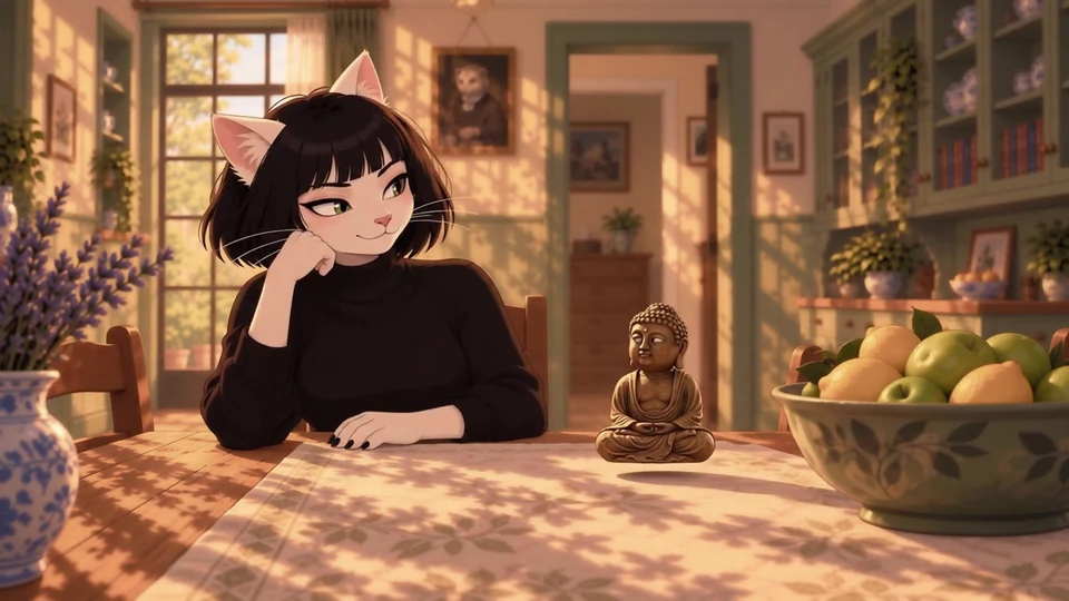A black-haired cat at a sunlit table beside a small Buddha statue