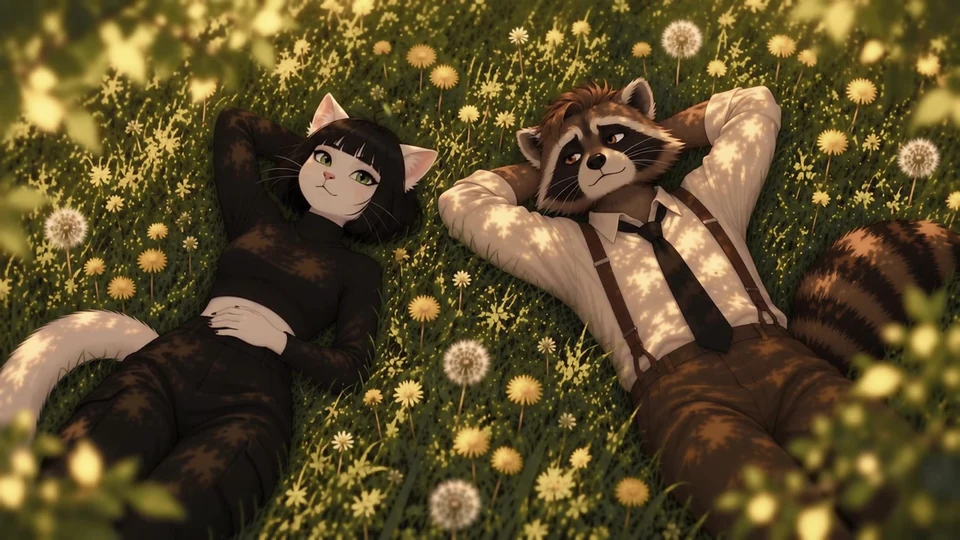 A cat and a raccoon resting in a meadow of yellow flowers