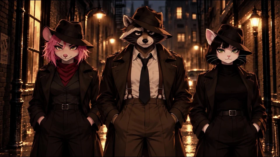 Three friends in hats and trench coats on a lamplit street